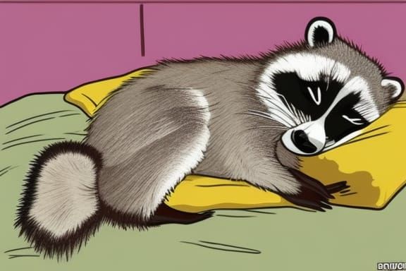 Cartoon Raccoon Sleeping in Bed