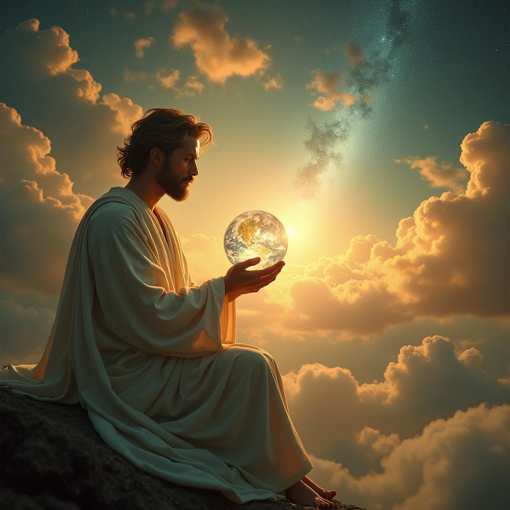 Divine Figure Holding the Cosmos in Golden Light