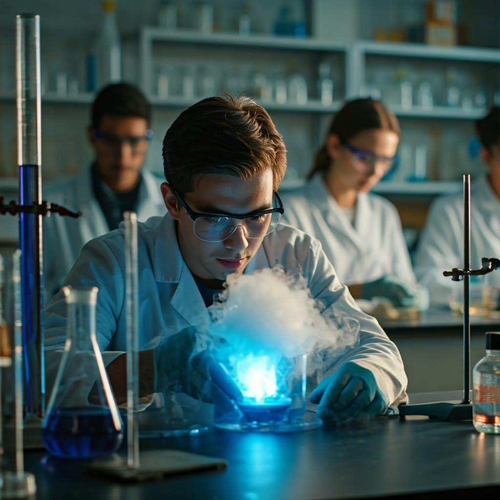 Chemistry Student Observing Reaction in Lab, Realistic Style