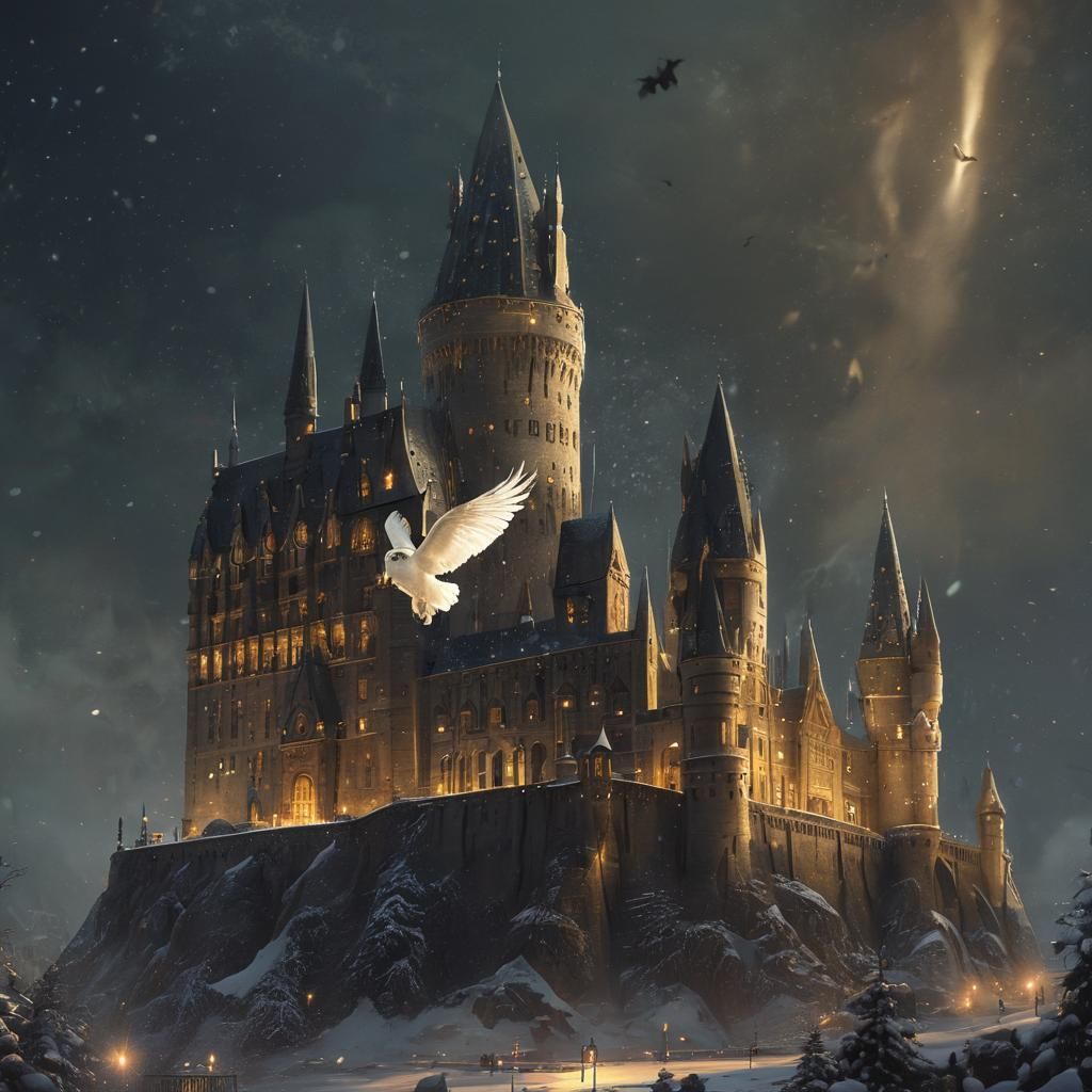 Hogwarts Castle at Night with Flying Snow Owl