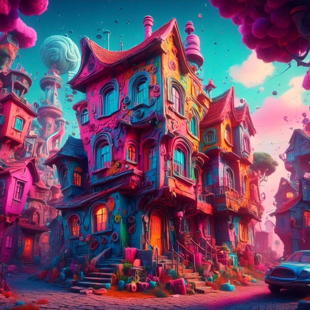 Retro Cubist Houses in Synthwave Neon Style