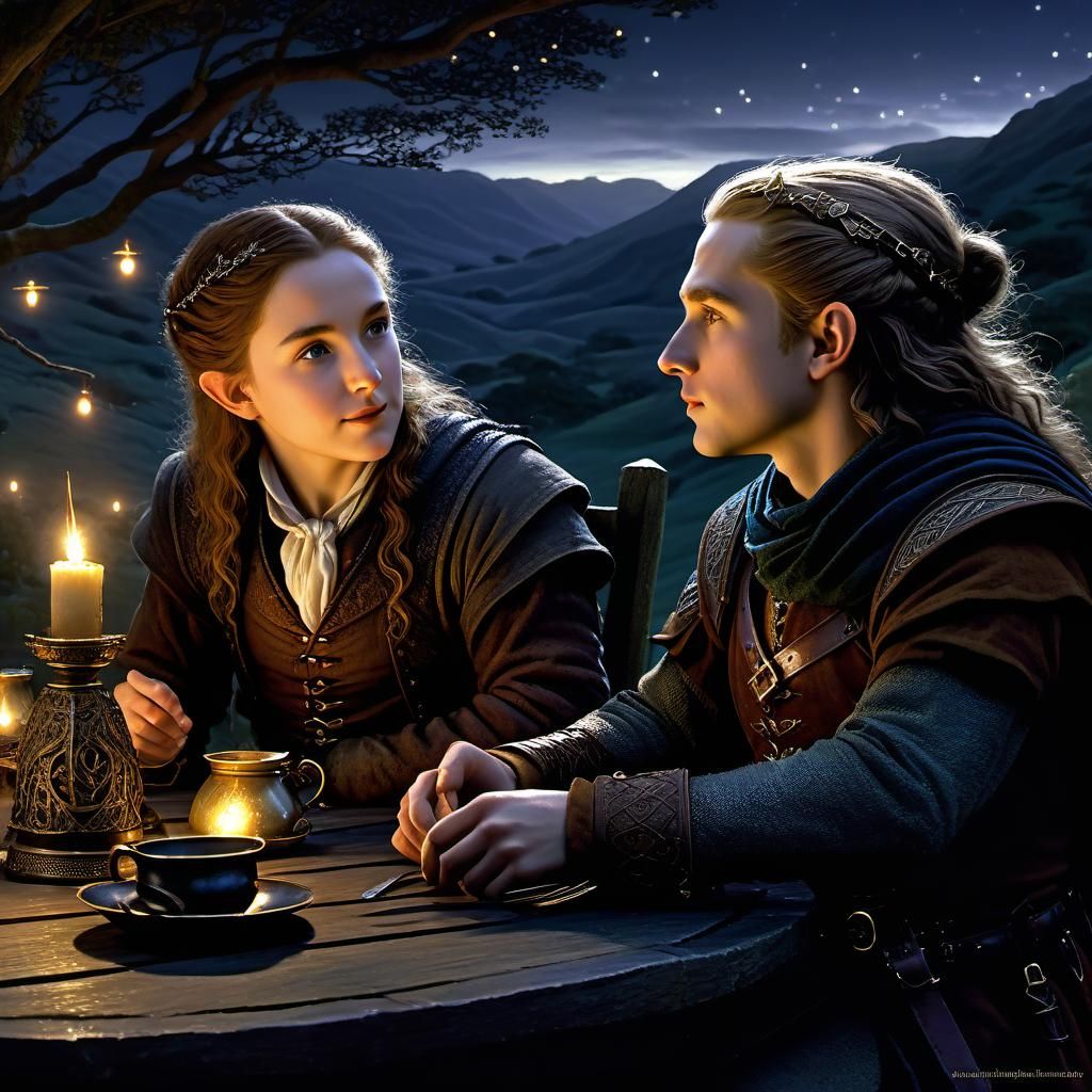 Halfling Couple's Candlelit Dinner in the Shire