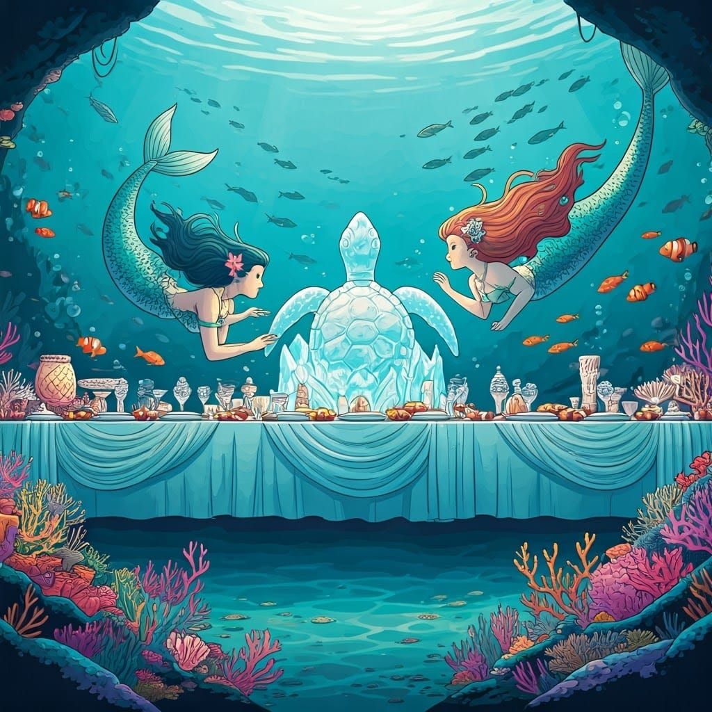 Whimsical Underwater Banquet Scene with Mermaids and Turtle ...