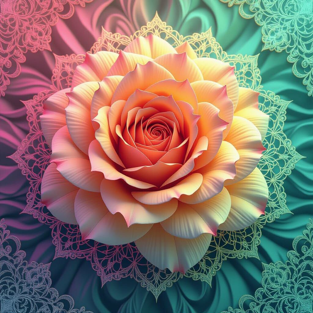 Baroque Surrealist Rose with Fractal Petals and Lace