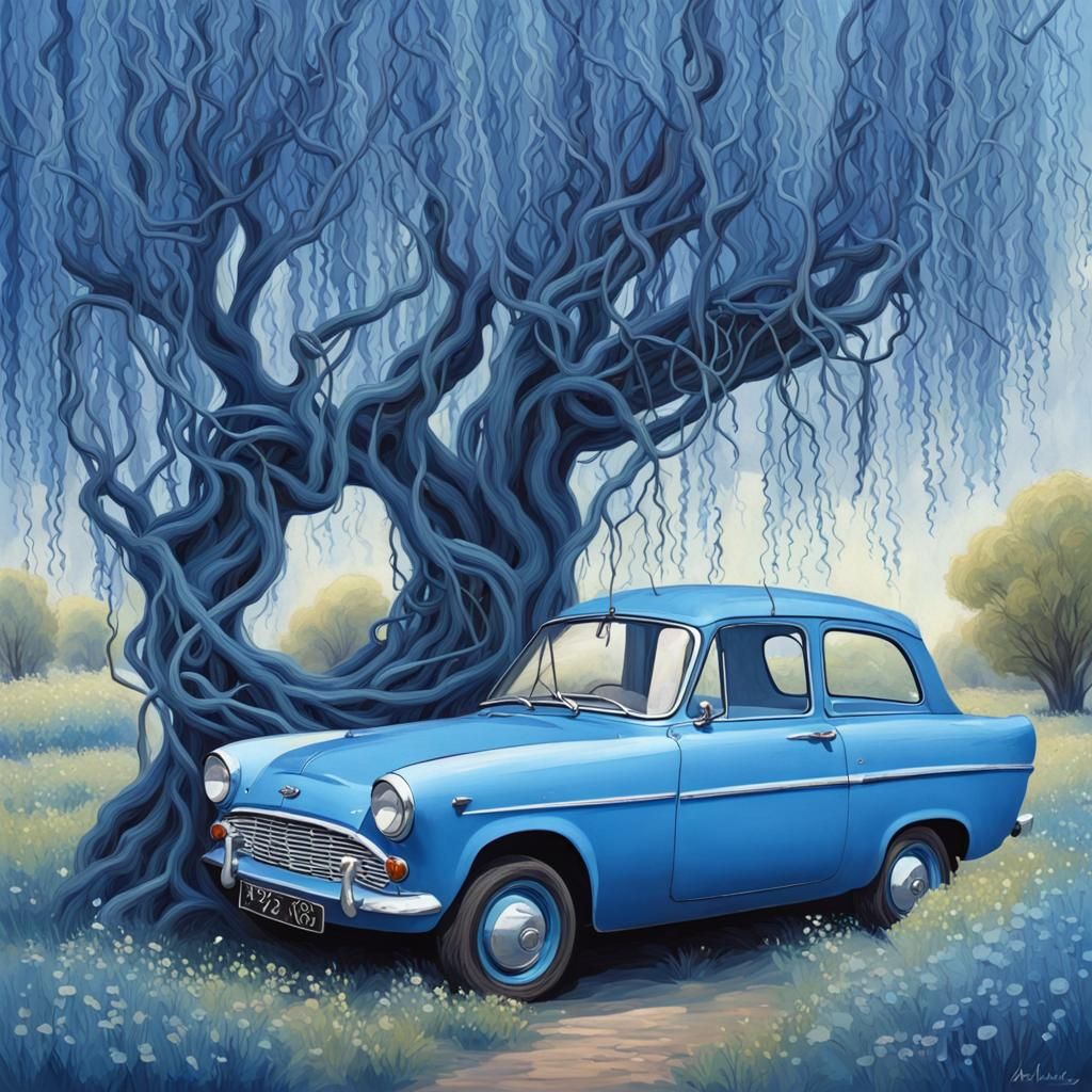 Blue Ford Anglia in Blue Willow Tree