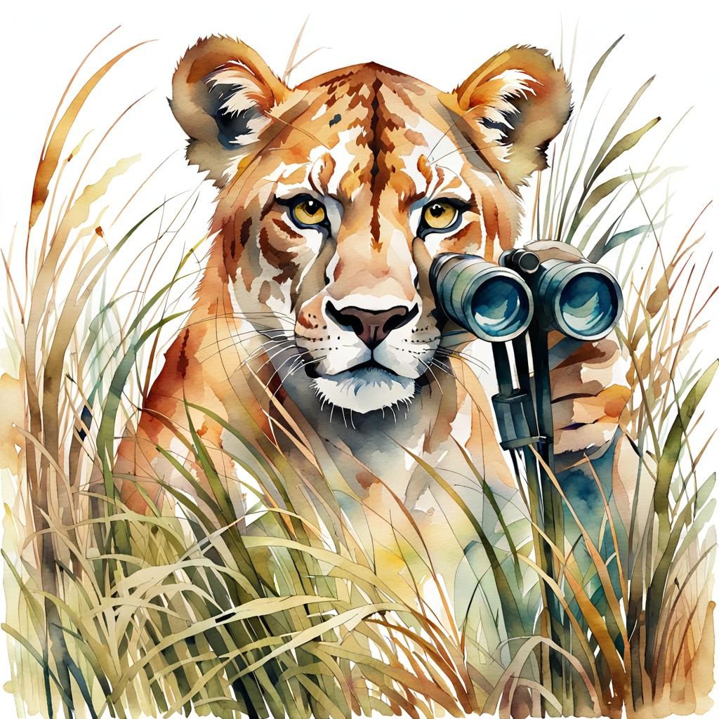 Lioness with Binoculars in Watercolor Clipart Style