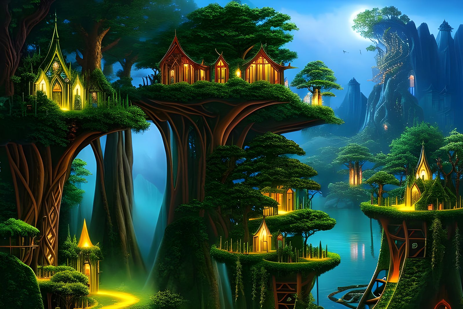 Elven Tree-City in Mystical Woods at Night