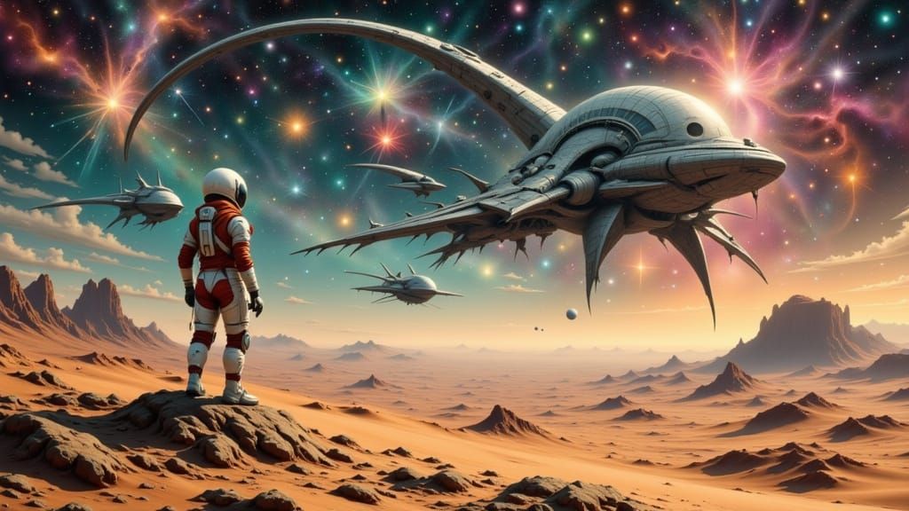 Astronaut and Alien Encounter on Distant Planet