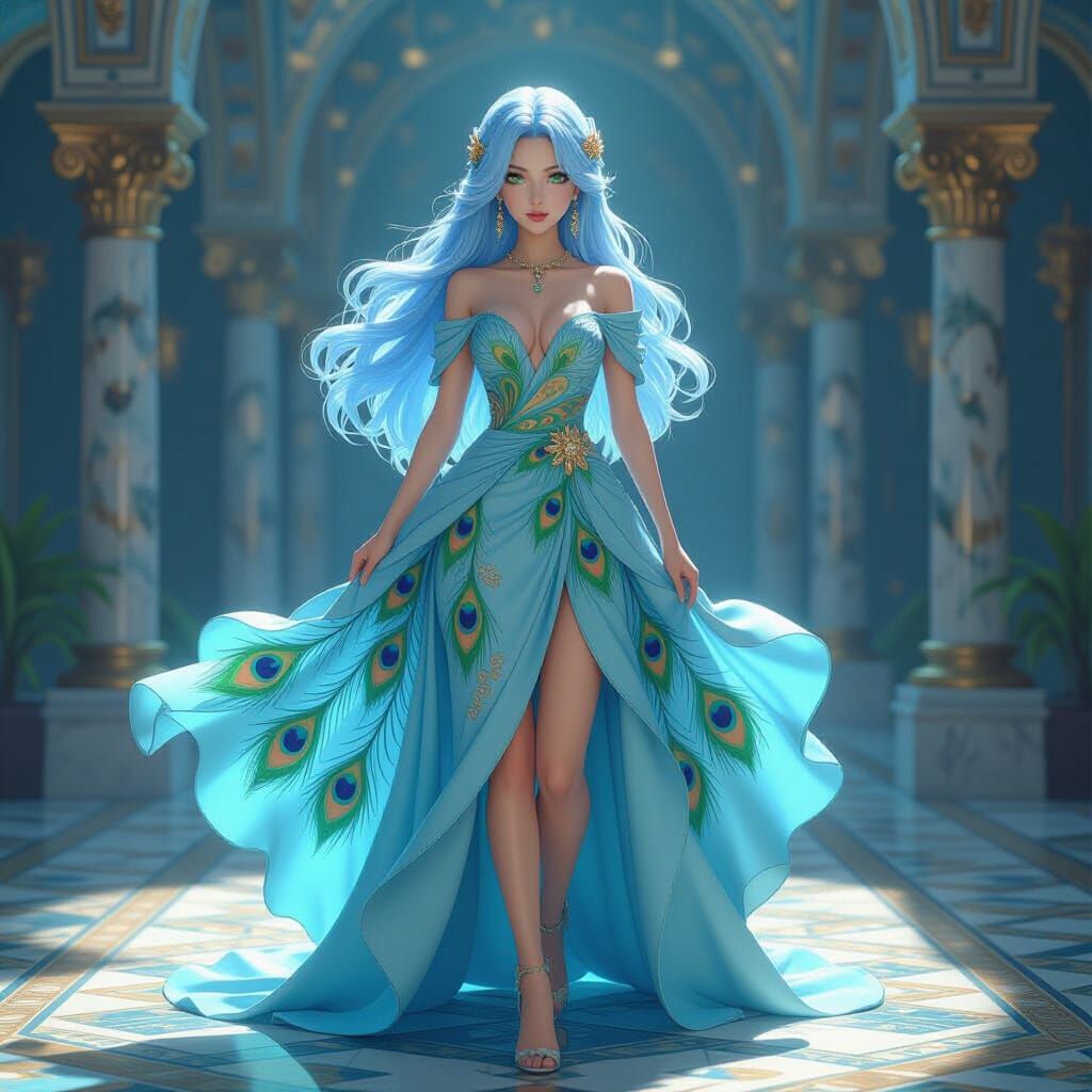 Statuesque Woman in Peacock Feather Dress