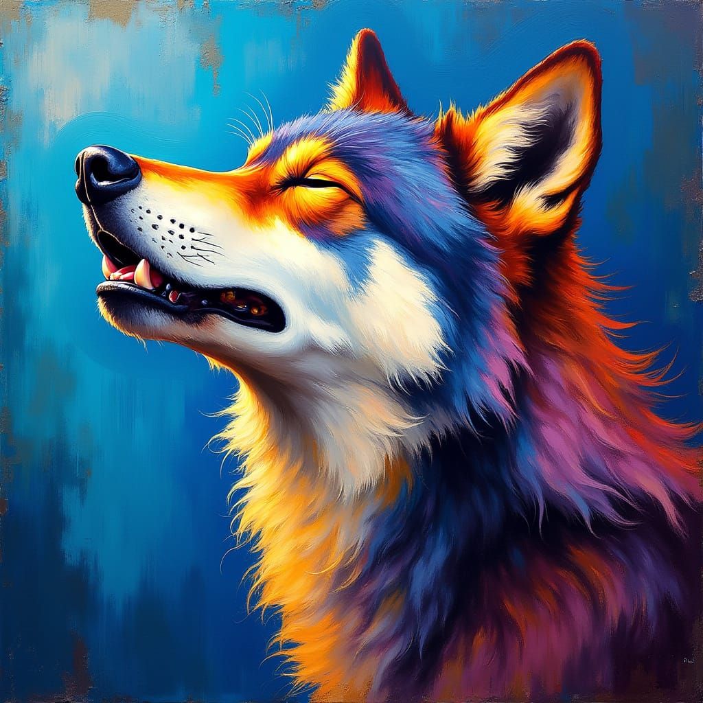 Multicolored Wolf's Exuberant Cry in Abstract Brushstrokes
