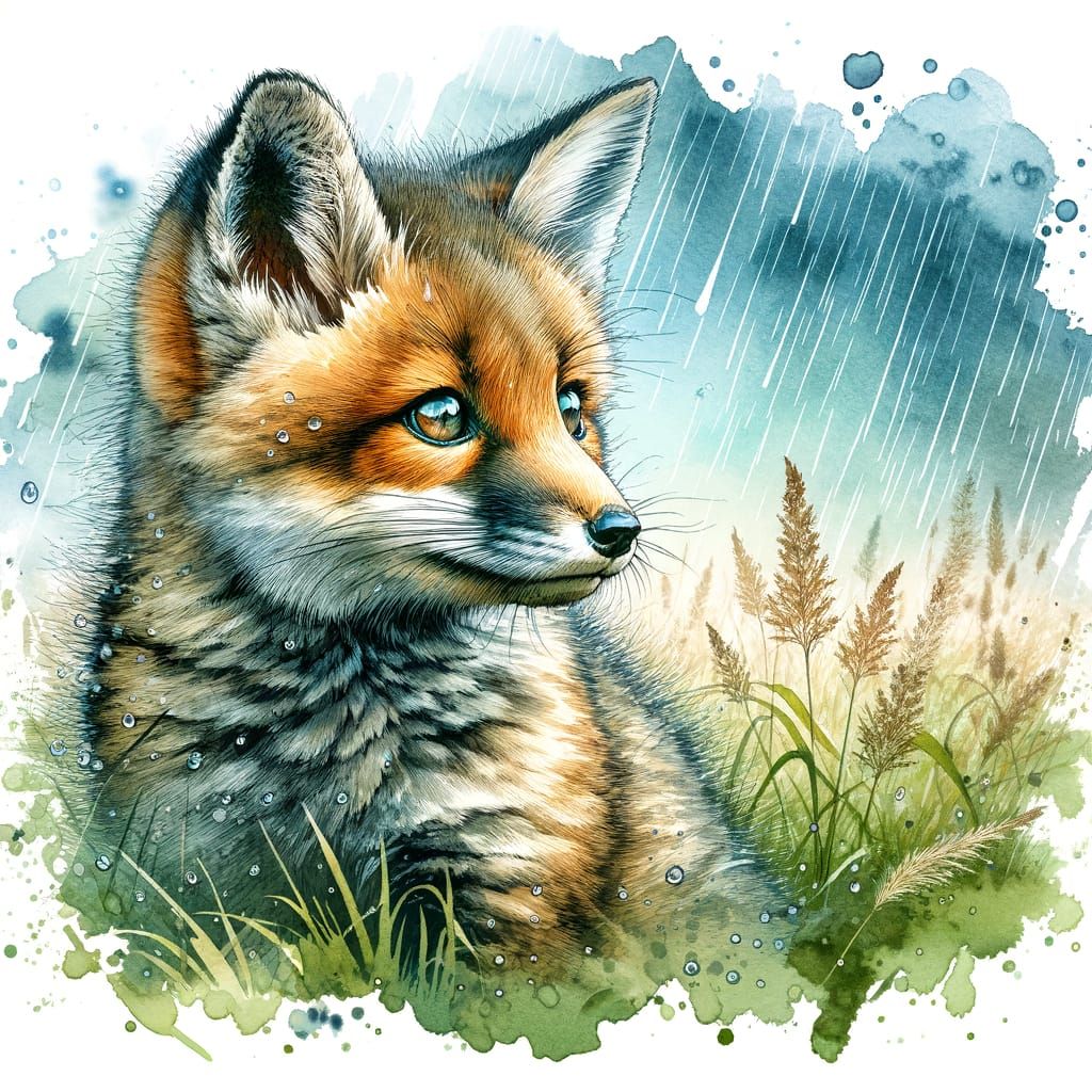 White Fox Cub in Rainy Meadow: Watercolour Painting