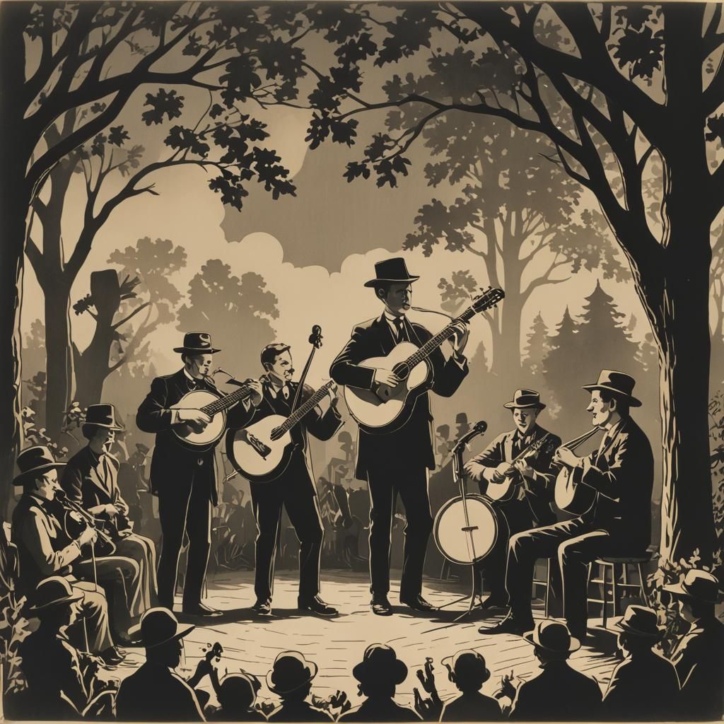 Bluegrass Band on Stage in Silhouette Animation Style