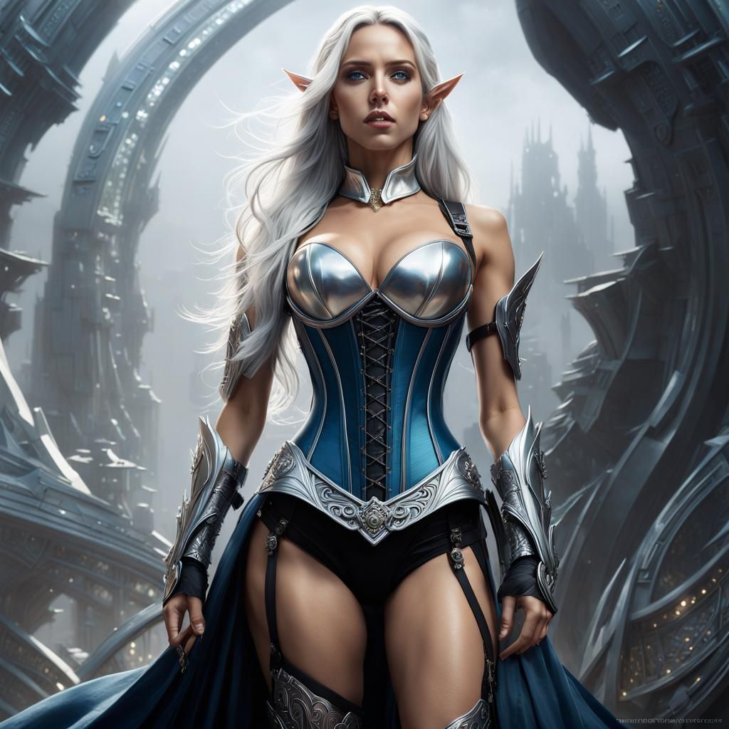 Futuristic Elf in Silver Armor in Winter Forest