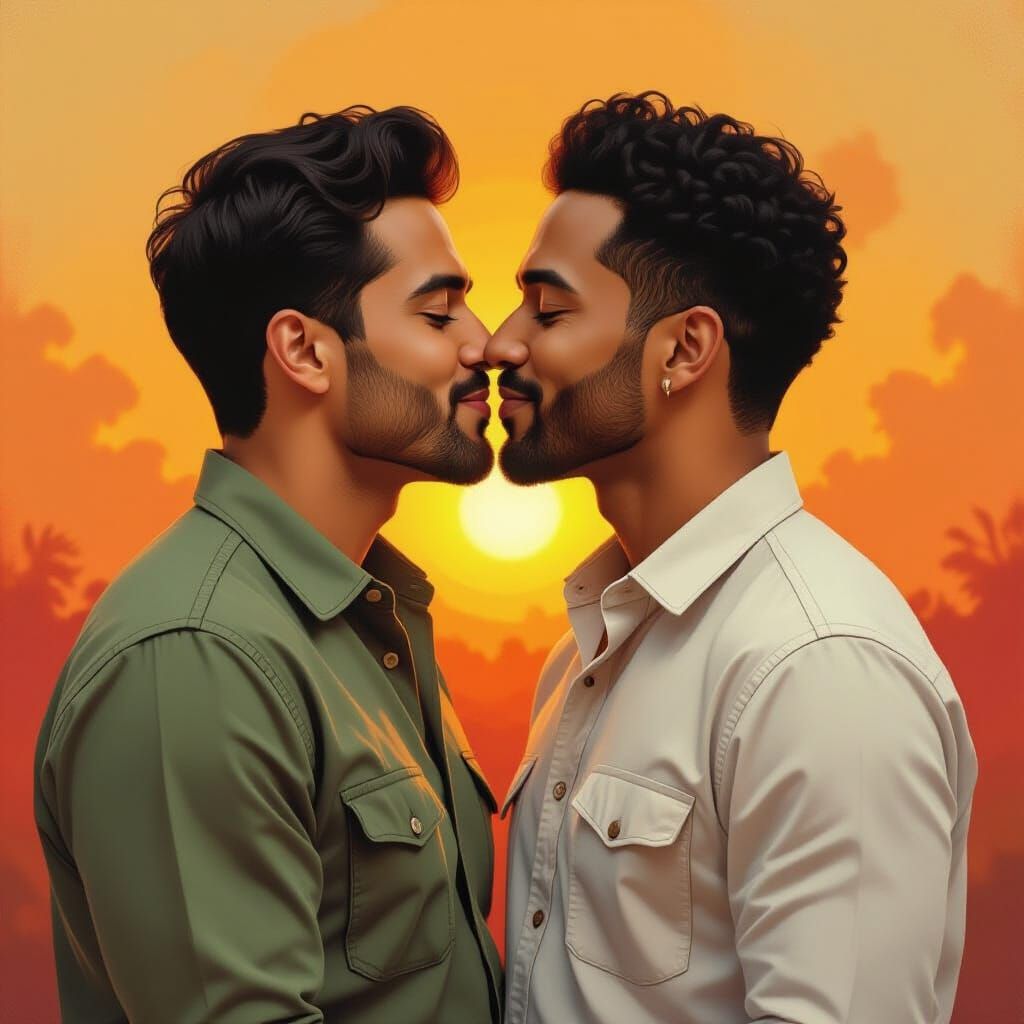 Two Men Sharing a Kiss in Romantic Realism Style