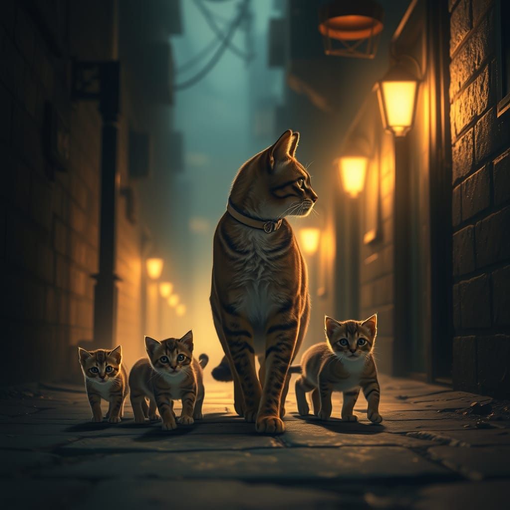 Mother Cat and Kittens in Mystical Alleyway