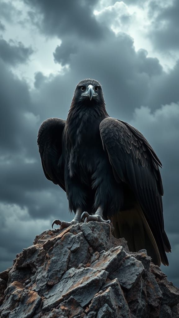 Epic Black Eagle Soars Amidst Ominous Stormy Skies