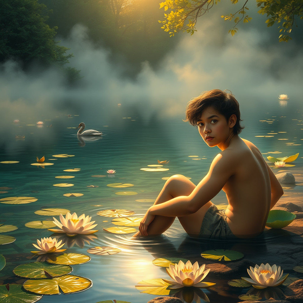 Bemused Figure by Misty Lake: Dreamlike Fantasy Art