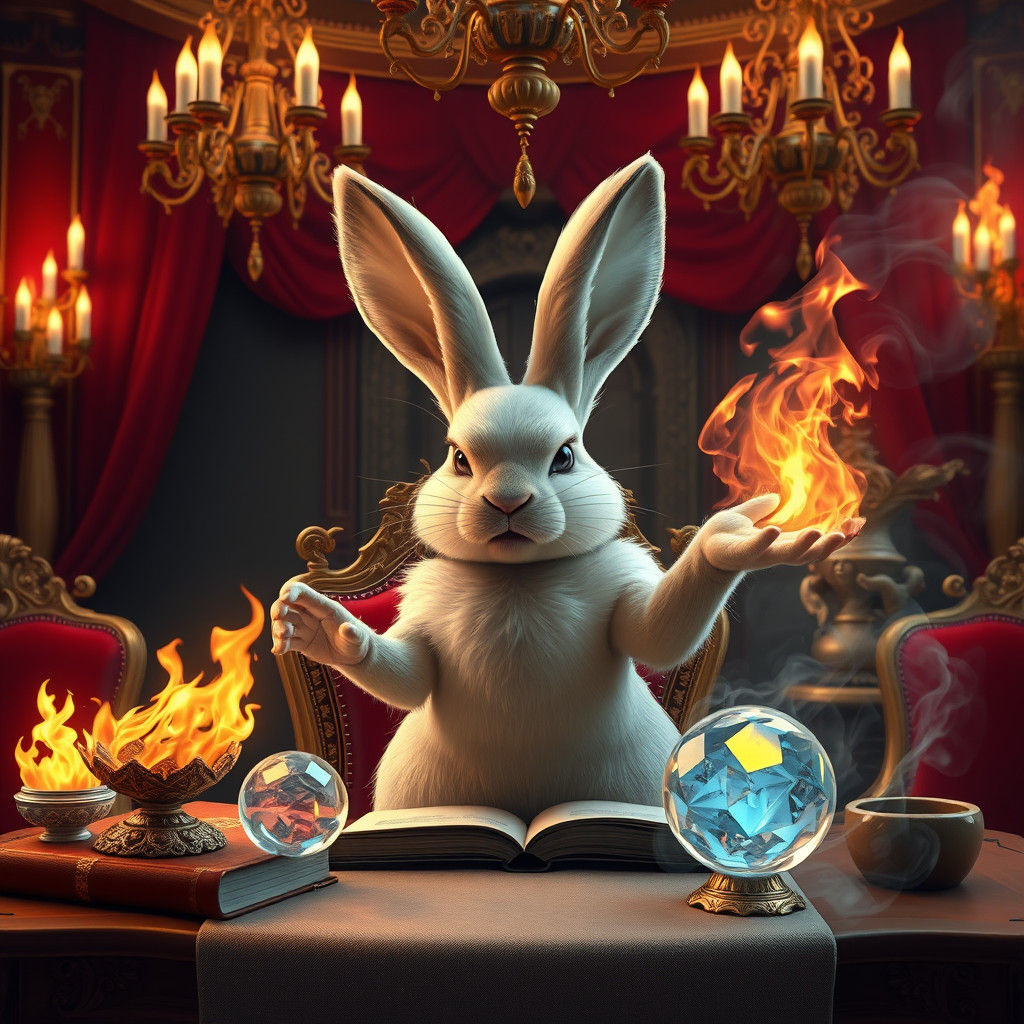 Rabbit Conjuring Fire Magic in Ornate Salon