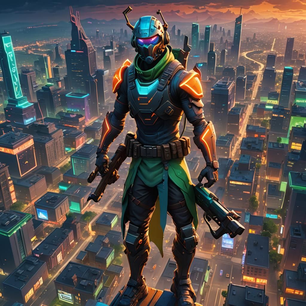 Fortnite Warrior Soaring Over Metropolis: Fantasy Concept Ar...