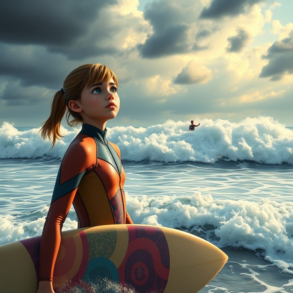 Anime Style Girl Surfer at Stormy Beach
