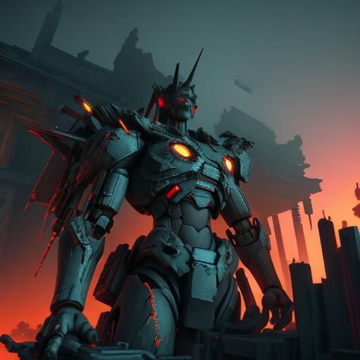 Cyberpunk Android Warrior at Ancient Temple Entrance