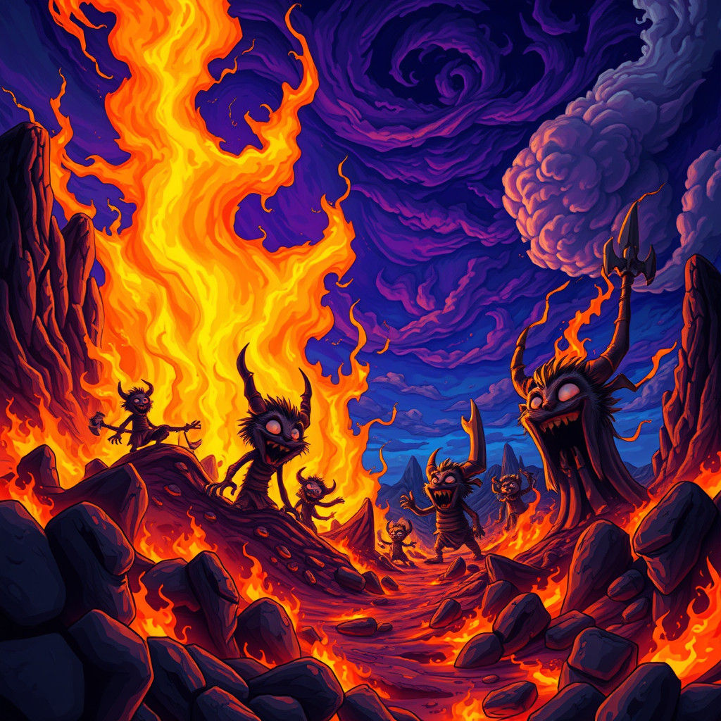 Cartoon Characters Engulfed in Hellish Fire