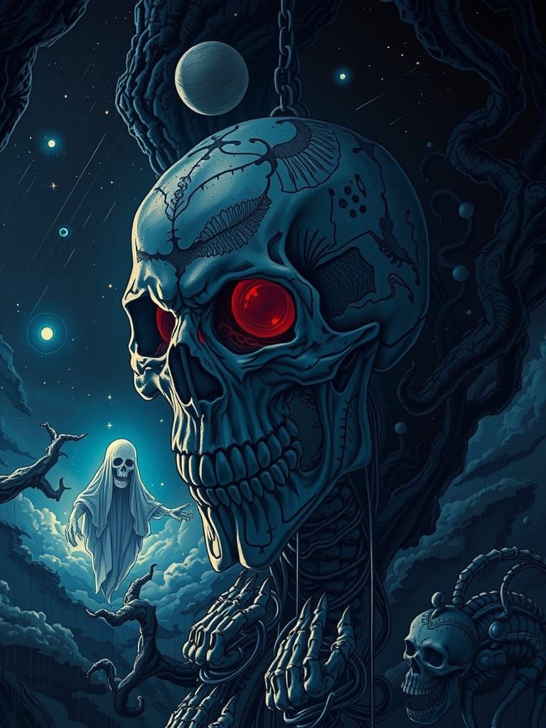 Skull and ghost suspended in a dark, mystical sky, with claire-obscur lighting, hyper-detailed textures, and vibrant neo...
