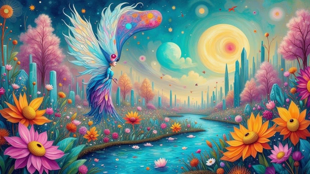 Whimsical Beings in a Dreamlike World of Glowing Gardens