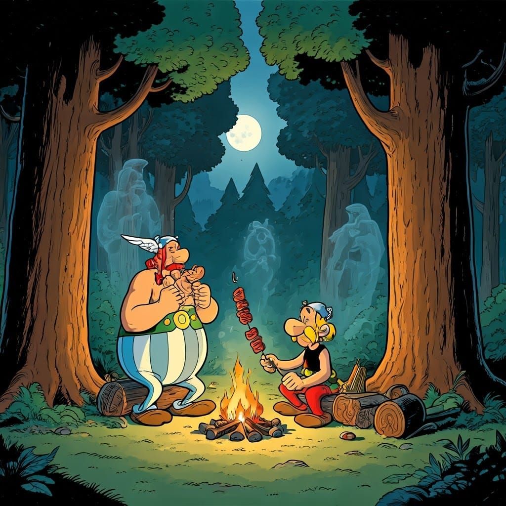 Asterix and Obelix Campfire Scene in Comic Style