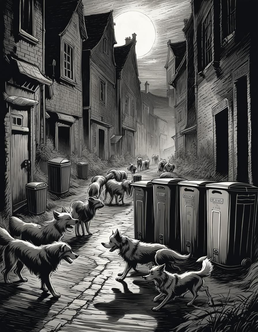 Pack of feral dogs roaming a dark alley at night