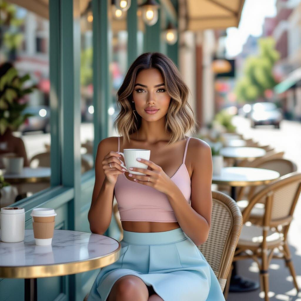 Trendy Black Woman in Pastel Cafe Portrait