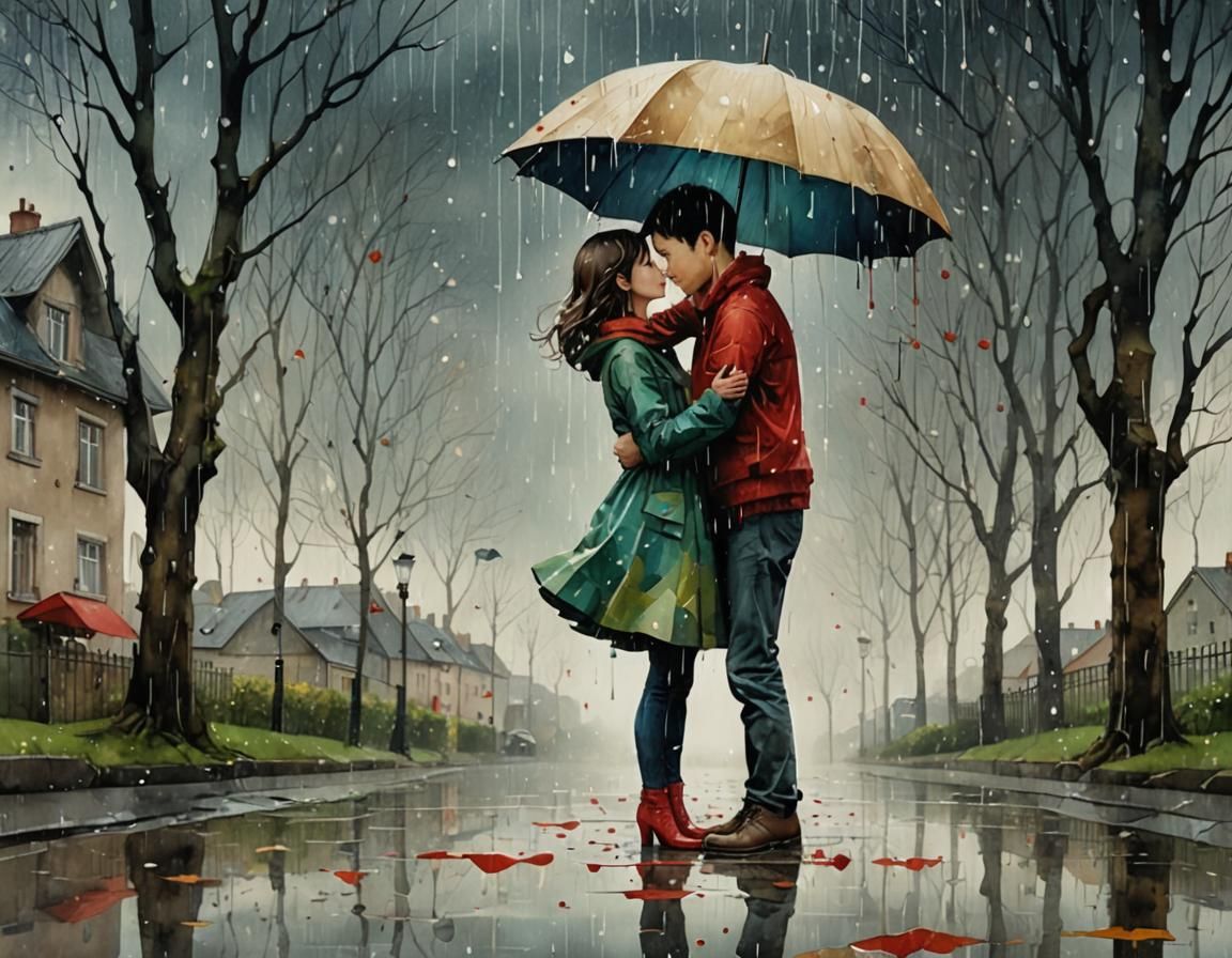 Magical Rainstorm Embrace: Whimsical Minimalist Illustration
