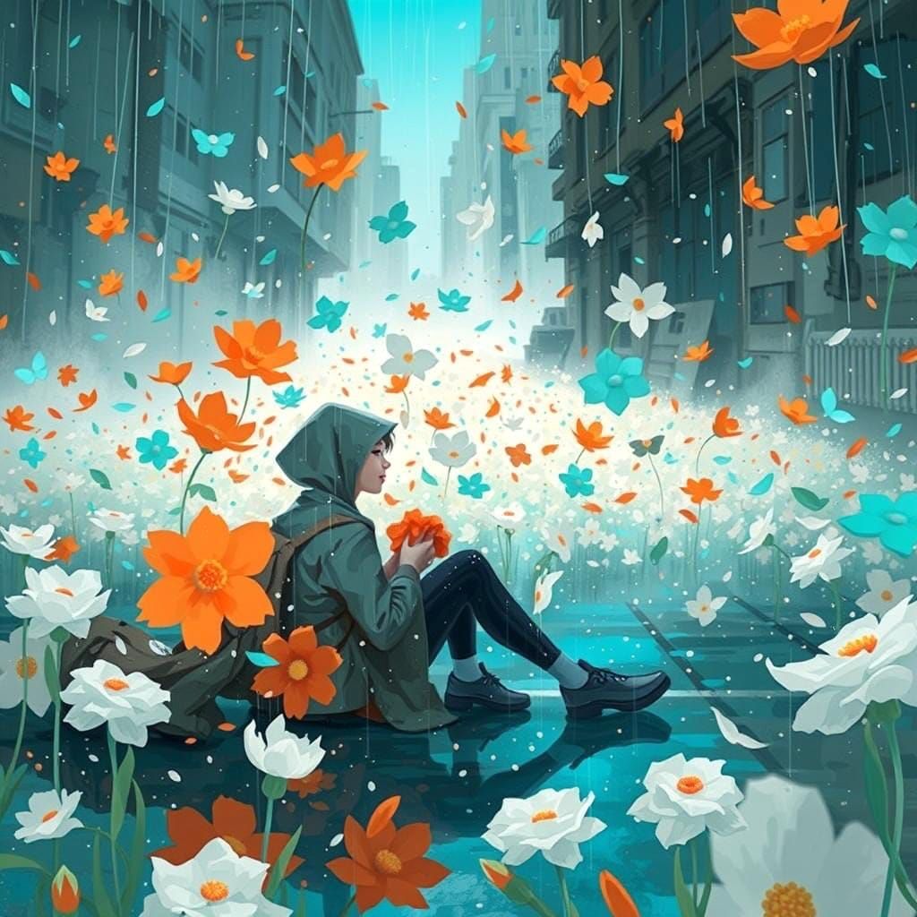 Flowers Rain on Wet City Street