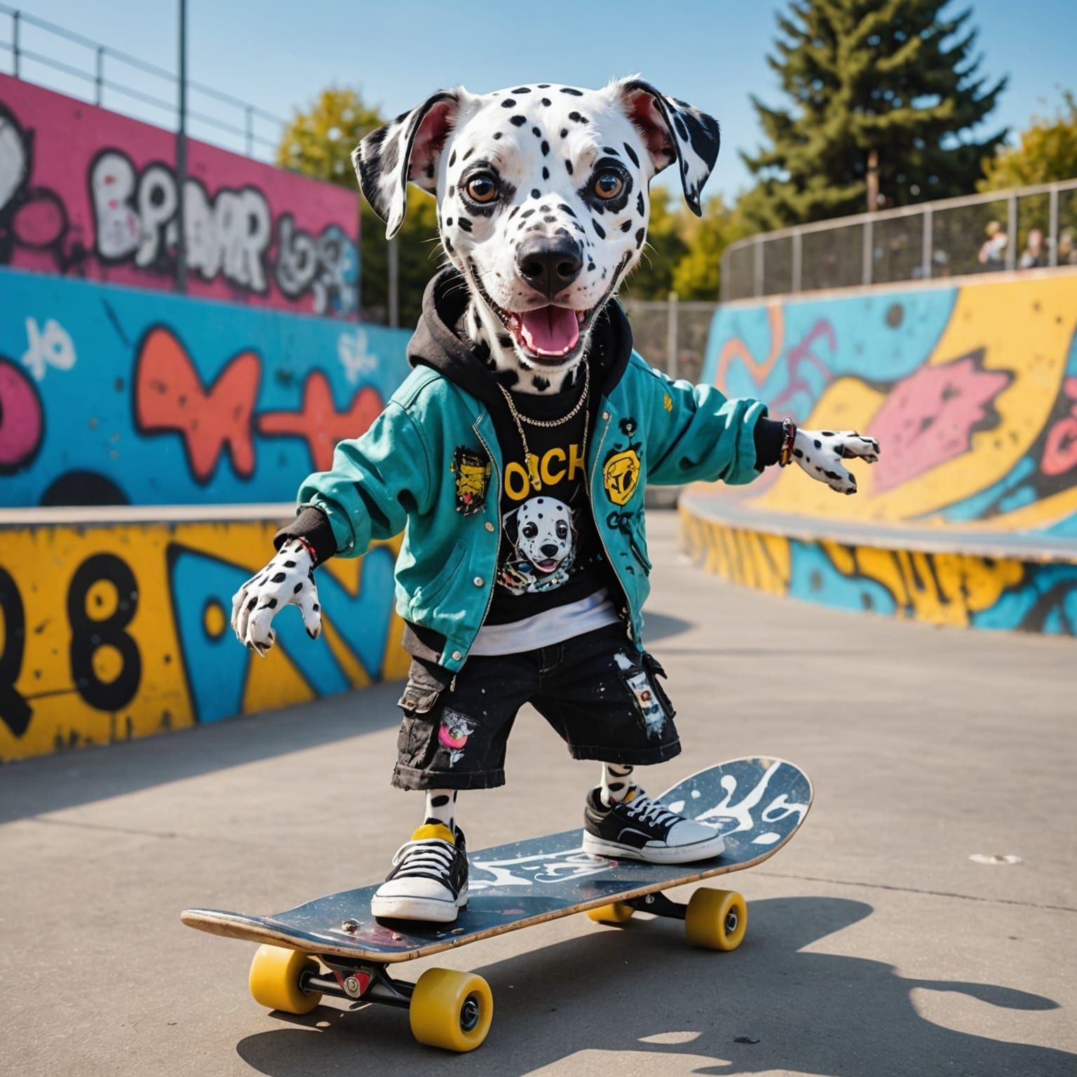 Punk Dalmatian Rides Skateboard, Mixed Media Concept Art
