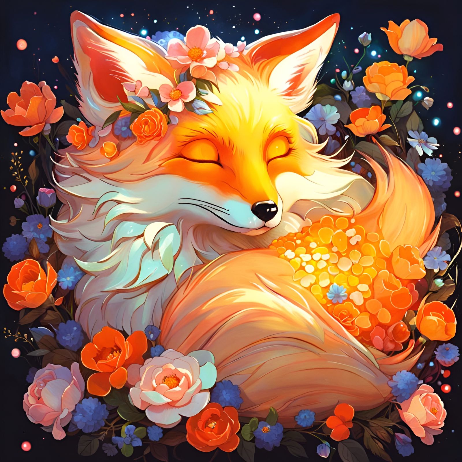 Adorable Flower Fox Sleeping, Disney Style