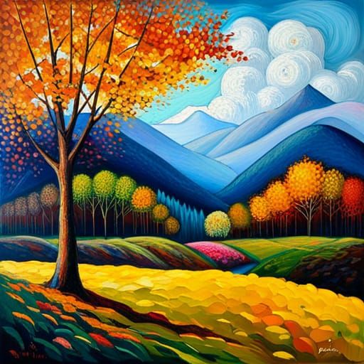 Four Seasons Tree in Neo-Impressionist Style