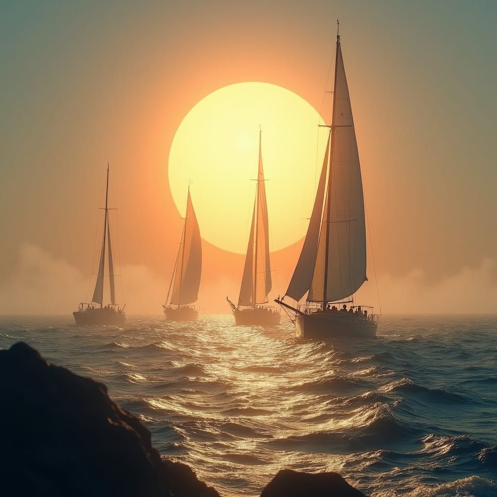 Sailboats Chase Oversized Sun in Golden Hour