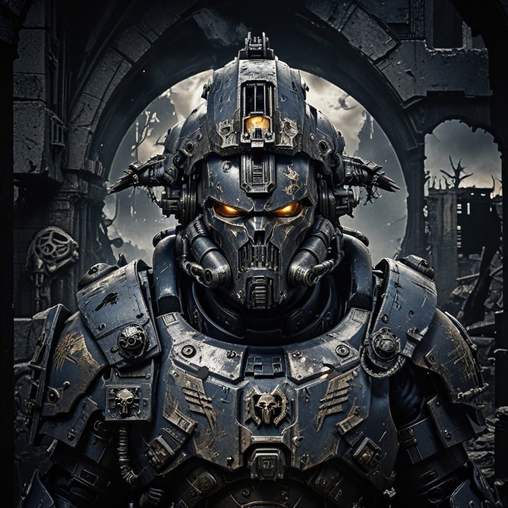 Space Marine in Ruined City: Grimdark Warhammer 40k