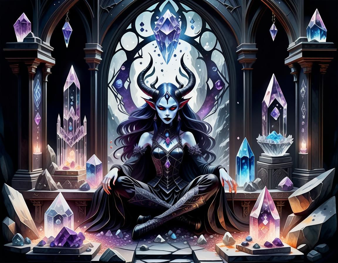 Gothic Demoness Surrounded by Crystals in Watercolour