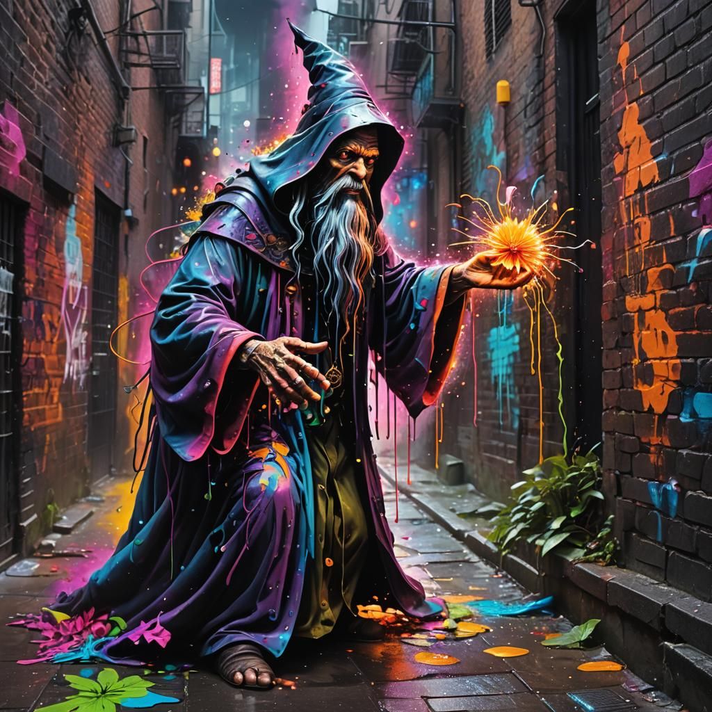 Evil Wizard Reaching for Enchanted Flower as Street Art