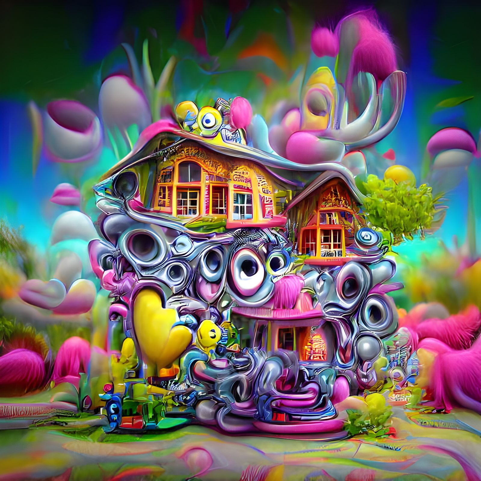 Psychedelic Minion House: Surreal 3D Art