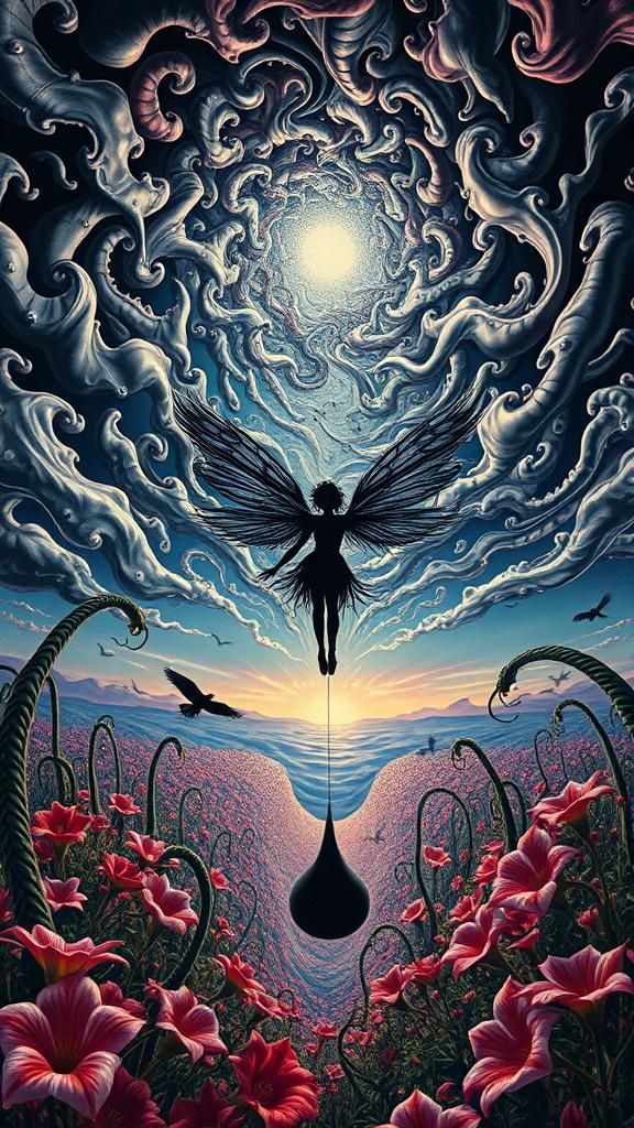 Surreal Landscape with Elastic Flora and Shadow Fairy