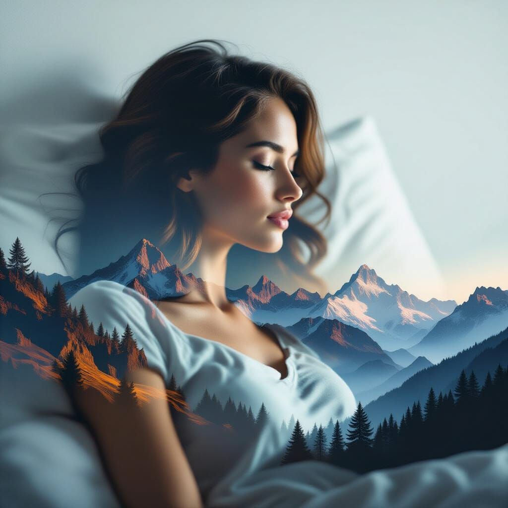 Double Exposure Silhouette: Woman and Mountain Landscape