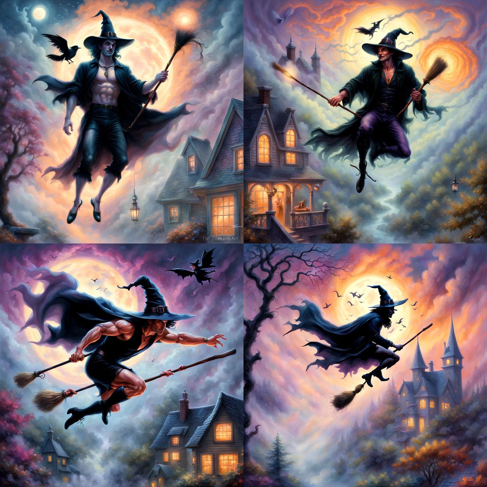Ethereal Gay Witch Pinup Flying on Broom