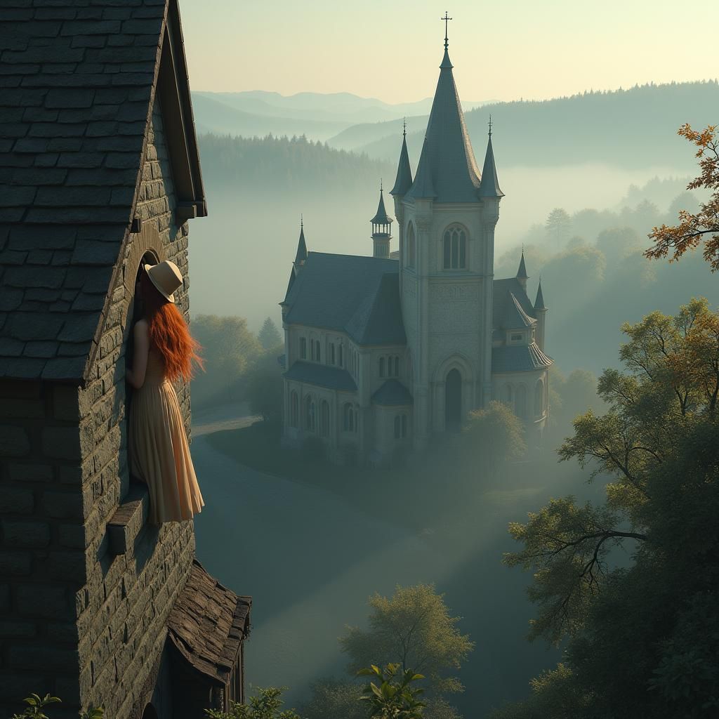 Baroque Church with Woman in Window, Matte Painting