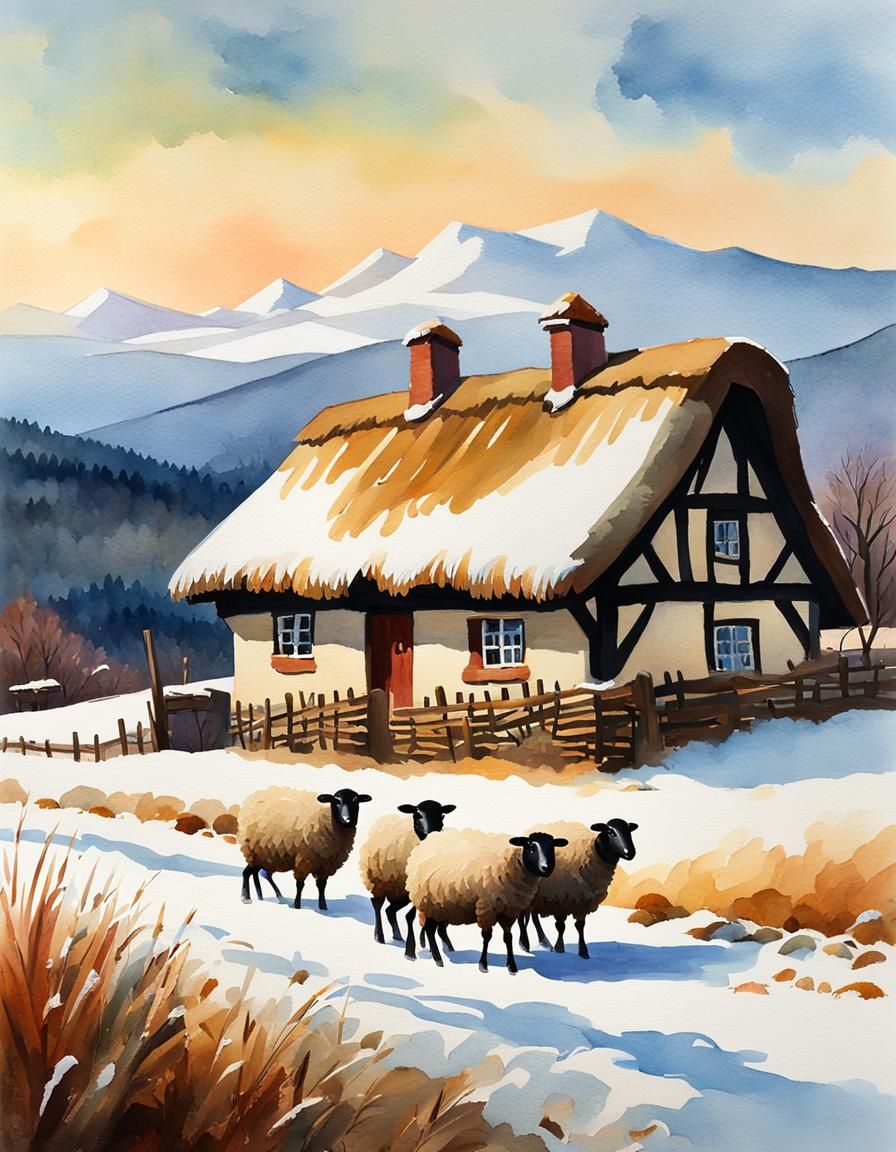 Snowy Cottage: A Gouache Style Watercolor Impression