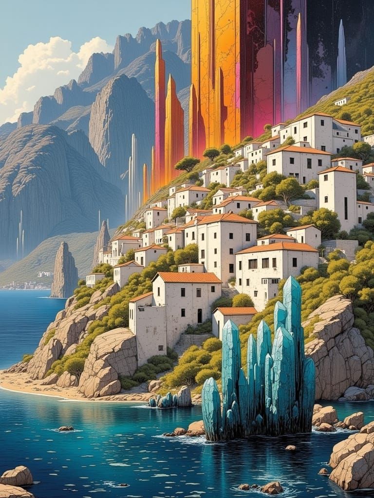 Ancient Greek Port Town with Vibrant Quartz Formations in a ...