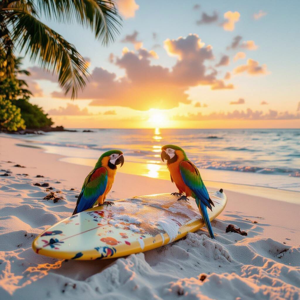 Tropical Beach Sunset with Parrot on Surfboard