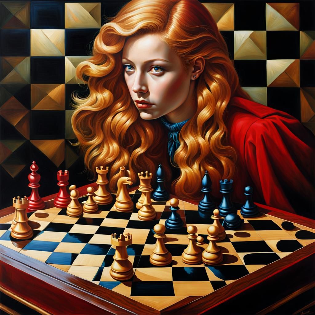 Maximalist Chessboard with Blond and Red Hair Pieces