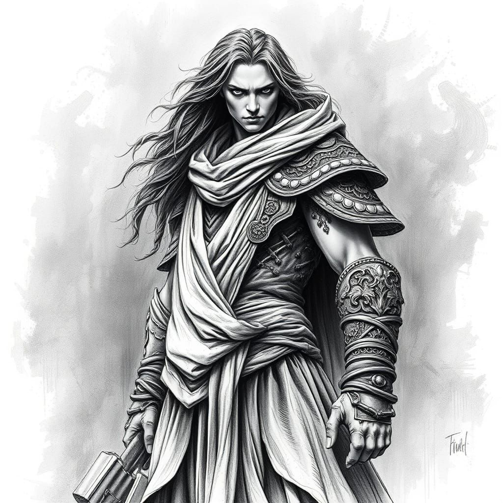 Powerful Figure in Detailed Charcoal Drawing Style